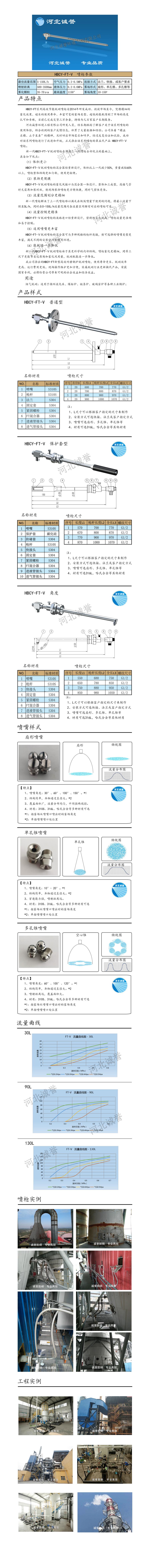 FT-V脫硝噴槍、保護套、噴槍參數(shù)、材質(zhì)尺寸、流量分布圖、扇形空心錐俯視圖介紹，以及噴槍霧化視頻展示和工程案例介紹