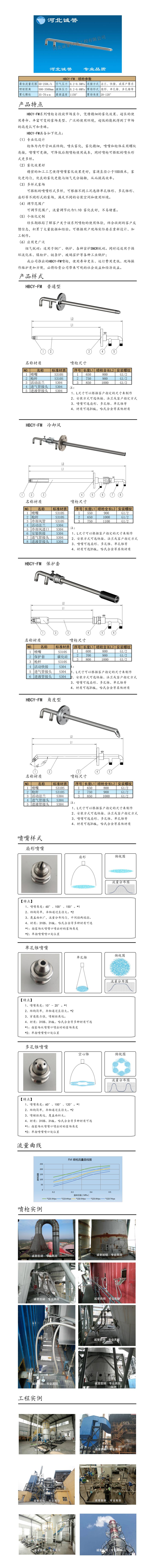 氨水噴槍、保護套、噴槍參數(shù)、材質尺寸、流量分布圖、扇形空心錐俯視圖介紹，以及噴槍霧化視頻展示和工程案例介紹